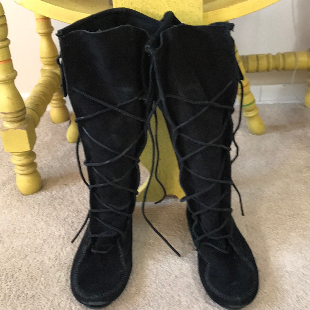 Black knee high suede Minnetonka boots